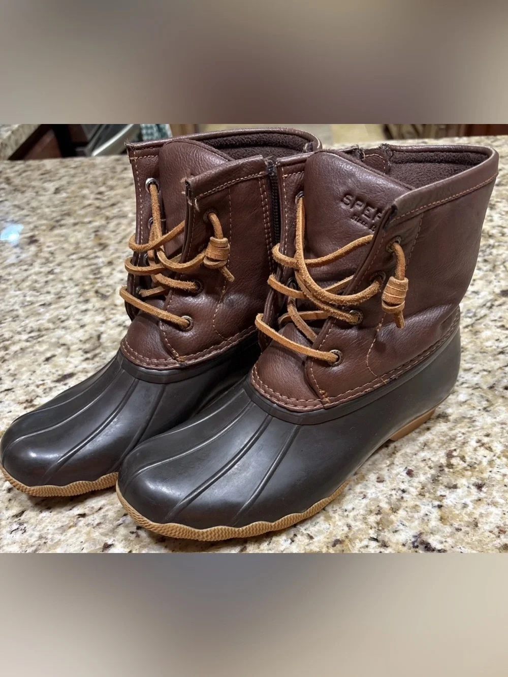 Sperry Two-Tone Chocolate Brown and Tan Duck Boots. Girls size 3M